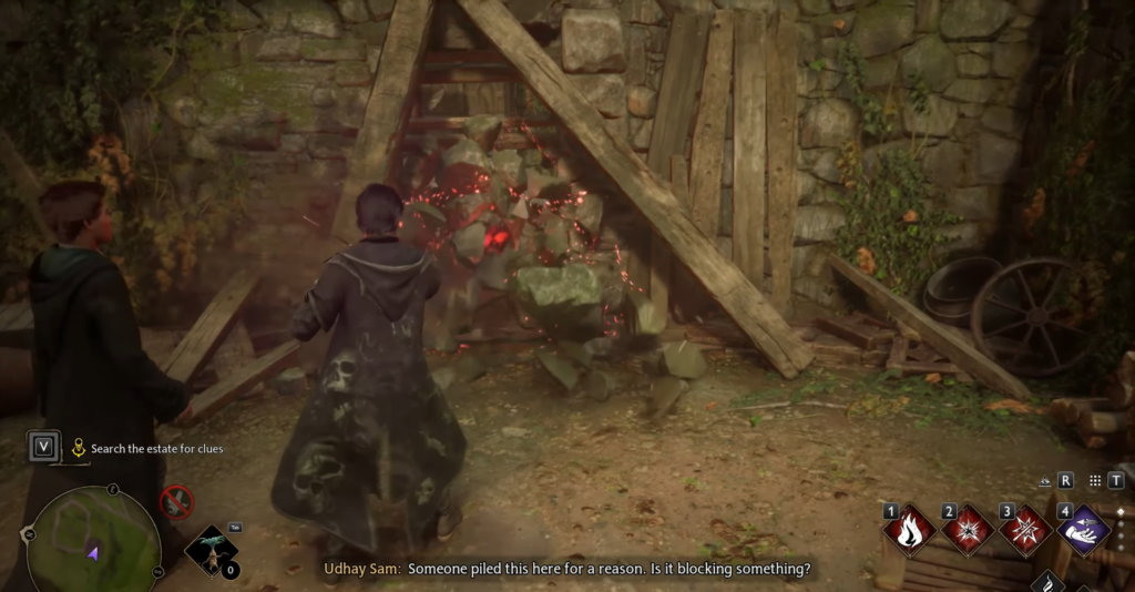 Волшебник разрушает каменную преграду у стены в Hogwarts Legacy