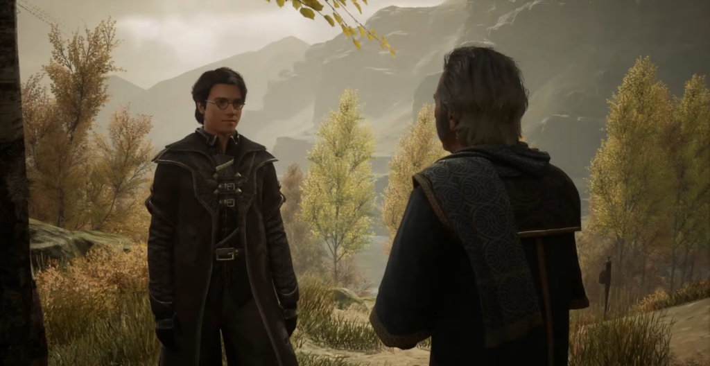 Два волшебника разговаривают в лесу у гор