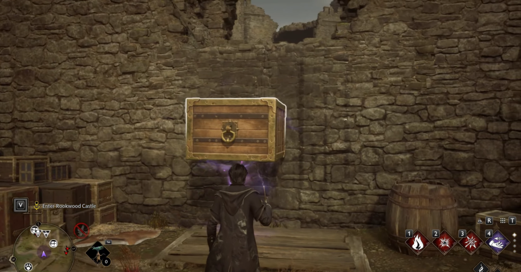 Волшебник поднимает сундук заклинанием у каменной стены