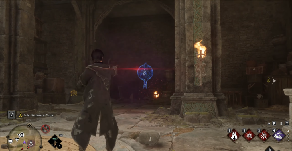 Волшебник стреляет заклинанием в замке Hogwarts Legacy