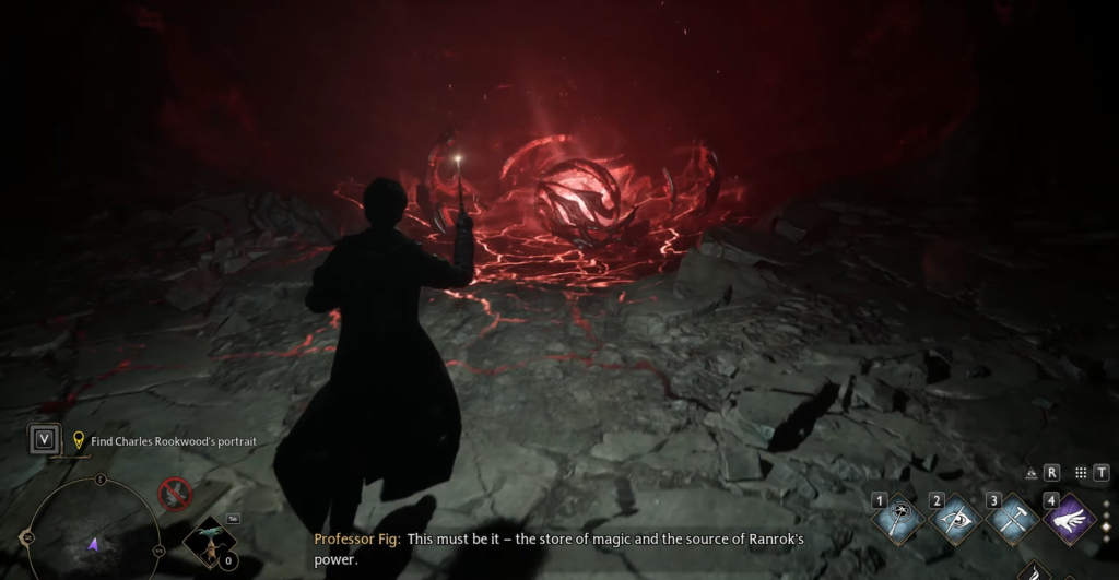 Персонаж Hogwarts Legacy приближается к красному магическому порталу