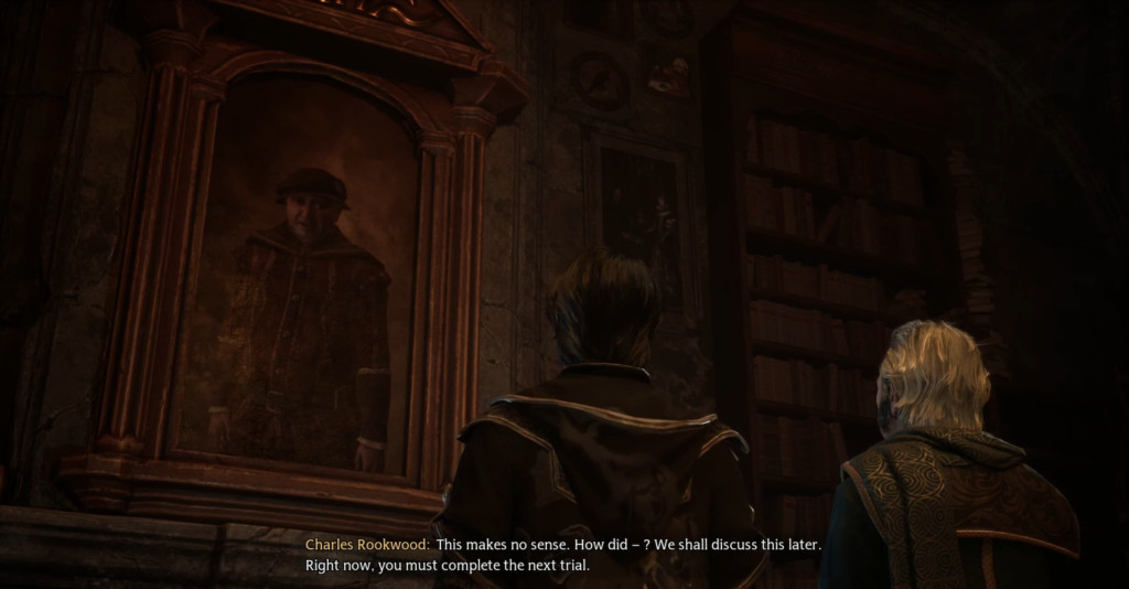 Два волшебника смотрят на портрет в библиотеке Хогвартса