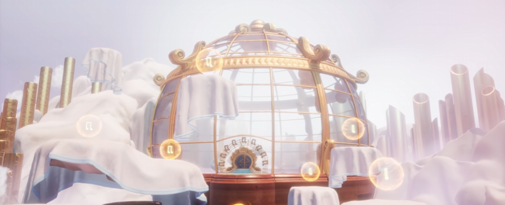 Золотой стеклянный купол среди белых облаков и колонн