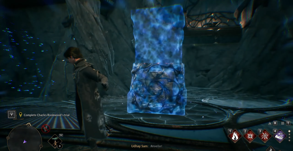 Ученик Хогвартса применяет Ревелио у синего куба в пещере