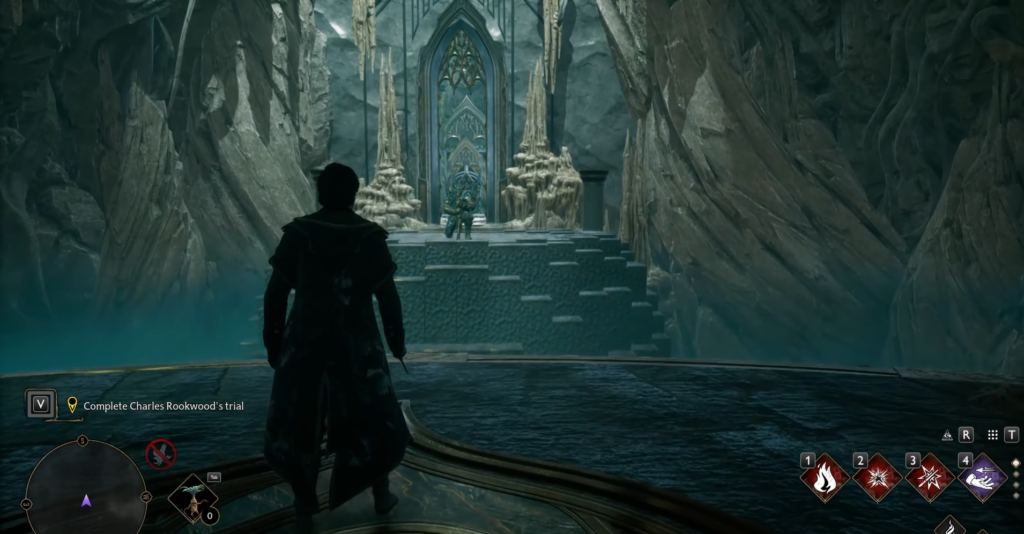 Персонаж Hogwarts Legacy идет к порталу в пещере