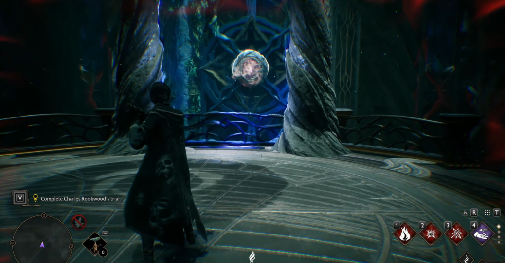 Персонаж Hogwarts Legacy стоит перед синим порталом в зале