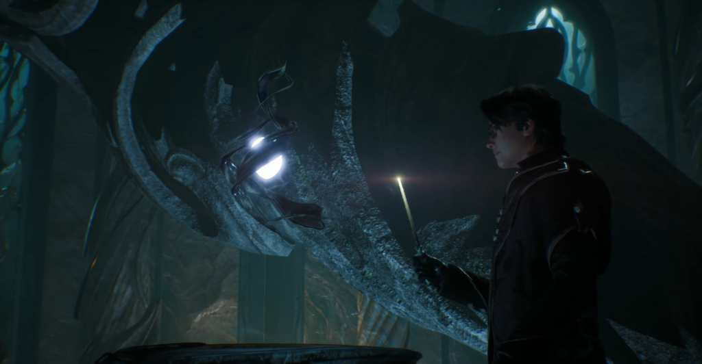 Гарри Поттер держит палочку рядом с каменным драконом