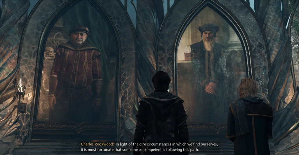 Два волшебника смотрят на портреты в зале Хогвартса