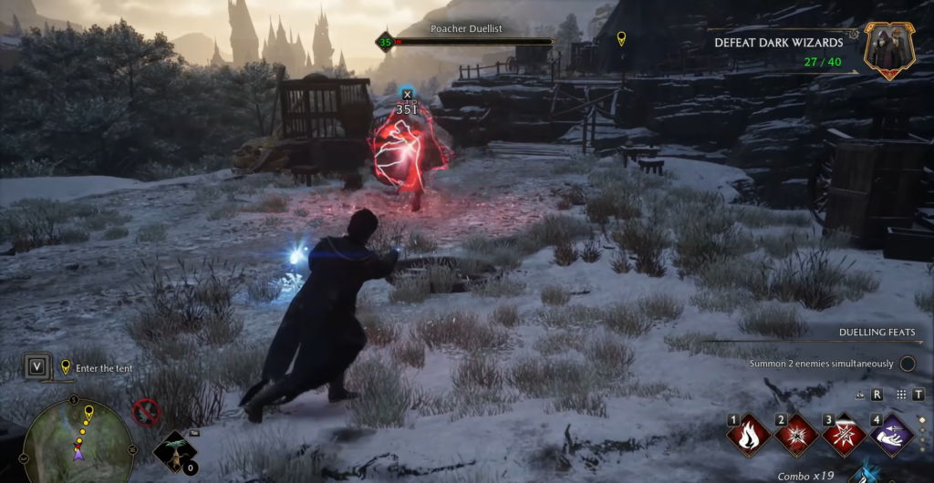 Волшебник атакует заклинанием дуэлянта на снежной поляне