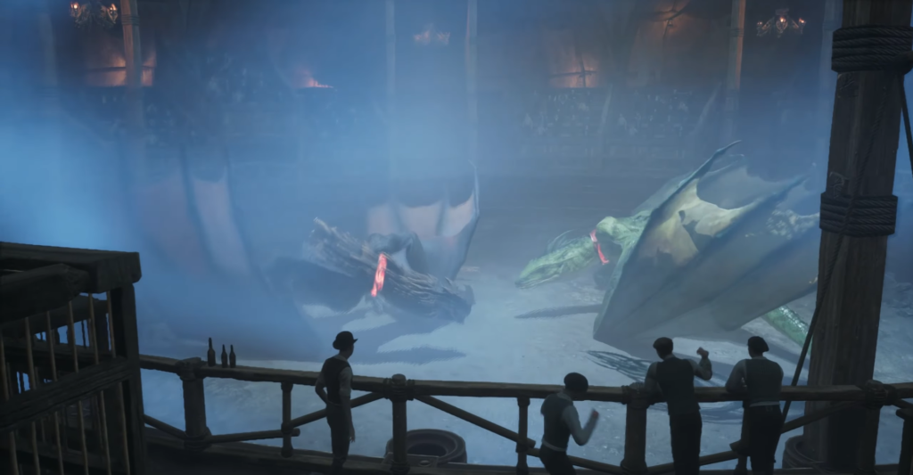 Зрители смотрят на дракона на арене в тумане