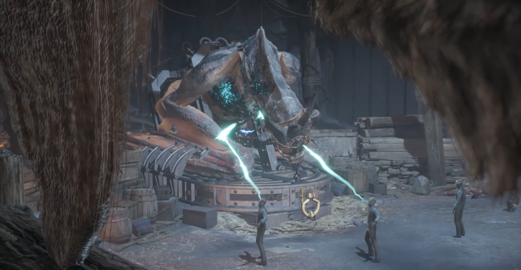 Существо в цепях на платформе в сарае