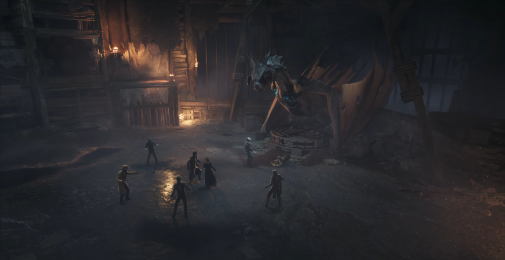 Группа людей сражается с драконом в пещере