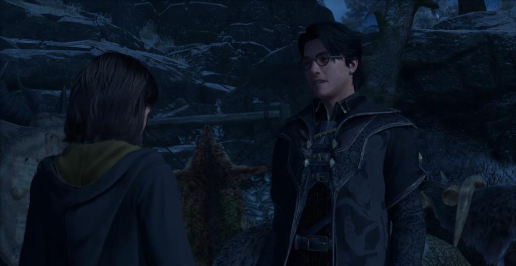 Два персонажа разговаривают среди скал ночью