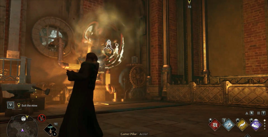 Волшебник применяет заклинание Accio в Hogwarts Legacy на заводе