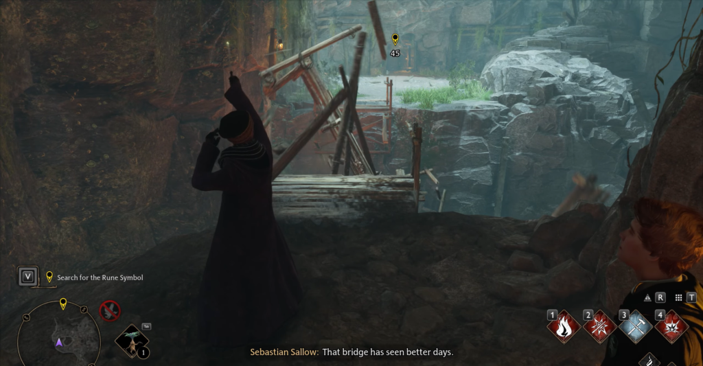 Персонаж Hogwarts Legacy смотрит на разрушенный мост в пещере