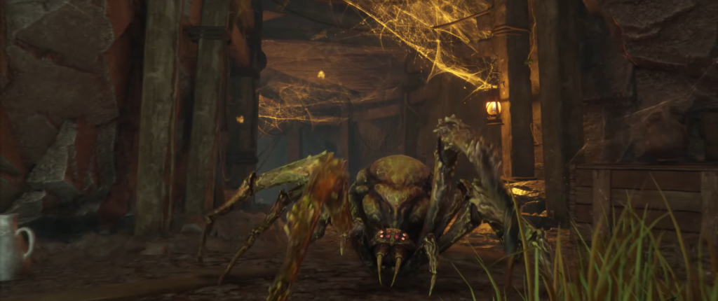 Гигантский паук ползет по шахтному туннелю с паутиной