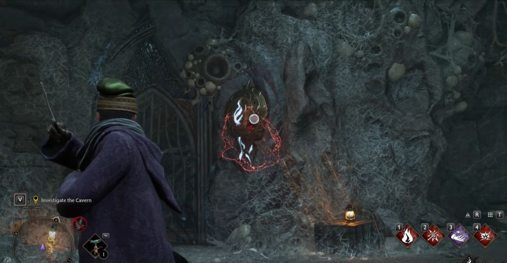 Волшебник целится палочкой в паутине в пещере Hogwarts Legacy