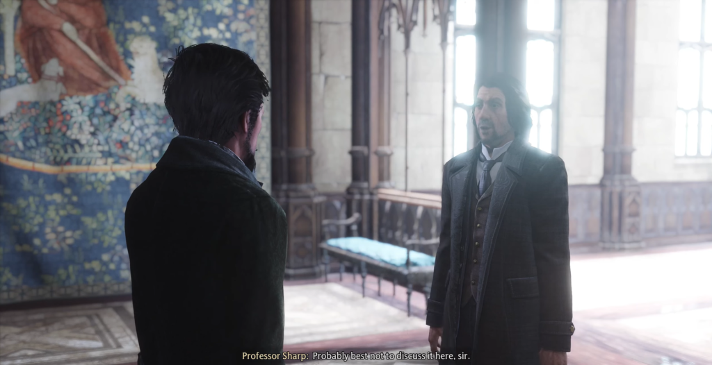 Профессор Шарп разговаривает в коридоре Хогвартса Hogwarts Legacy