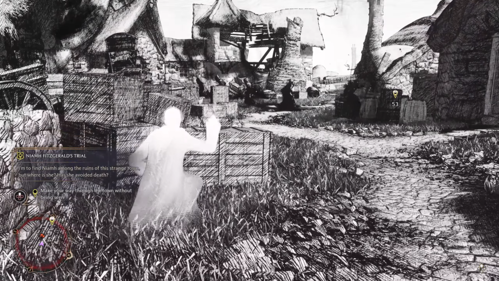 Силуэт персонажа крадётся по деревне среди руин