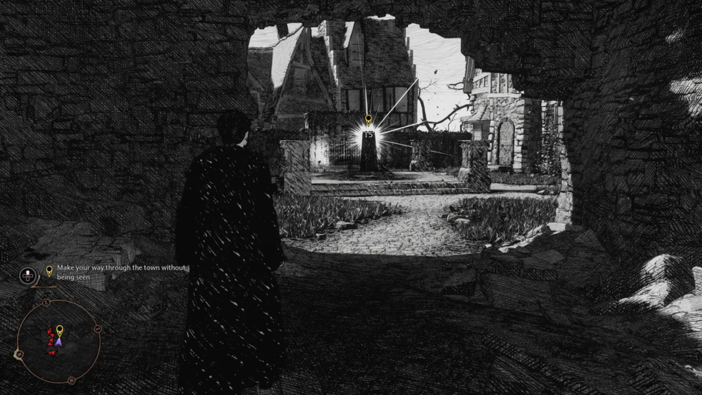 Персонаж в плаще крадется по разрушенному городу ночью