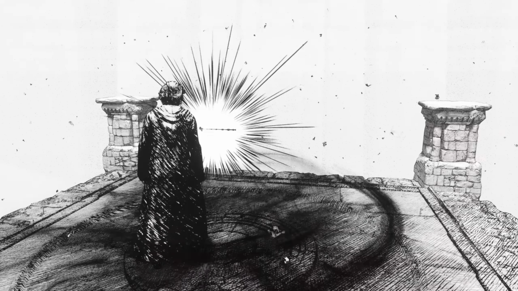 Фигура в черном плаще стоит на платформе