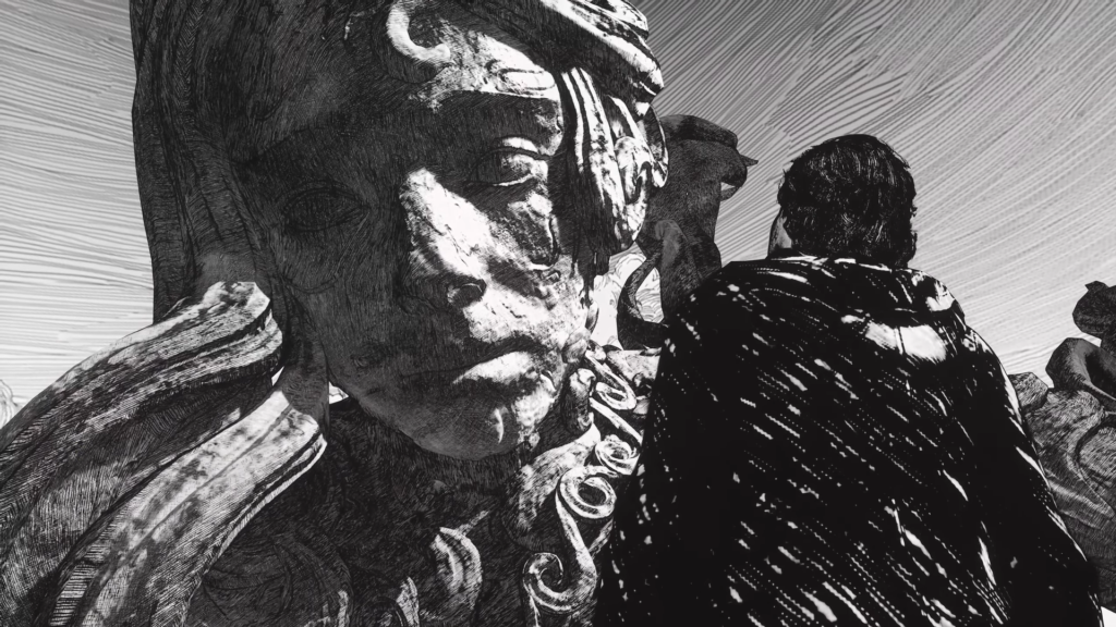 Человек в плаще смотрит на каменную статую лица