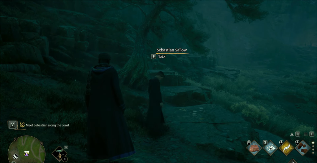 Себастьян Сэллоу стоит на туманном побережье Hogwarts Legacy