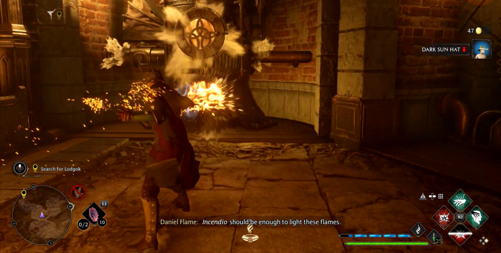 Персонаж Hogwarts Legacy применяет заклинание в кирпичном коридоре