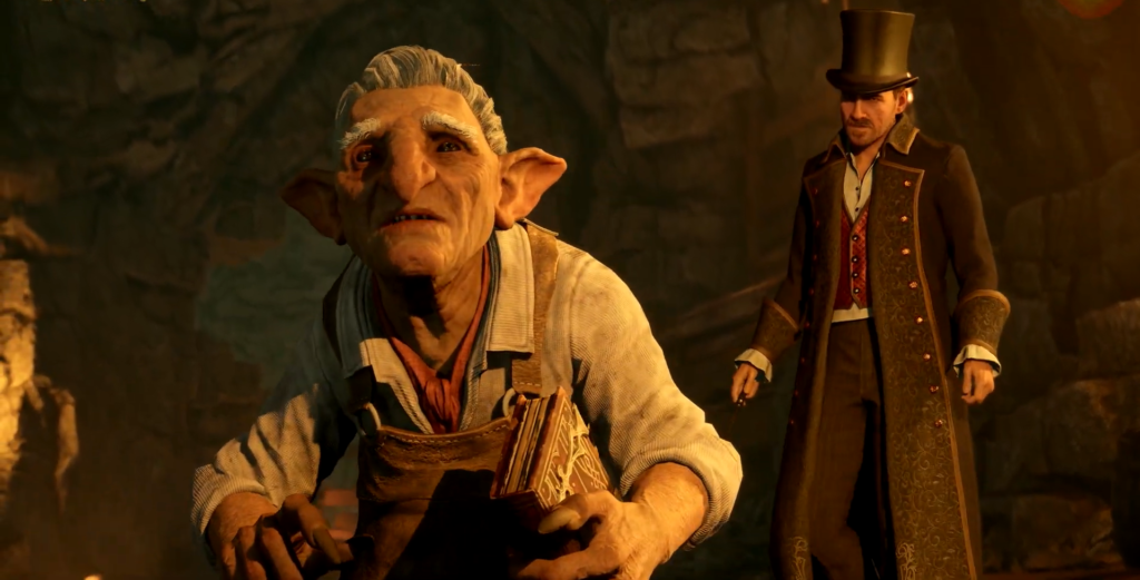 гоблин держит книгу в пещере, мужчина сзади