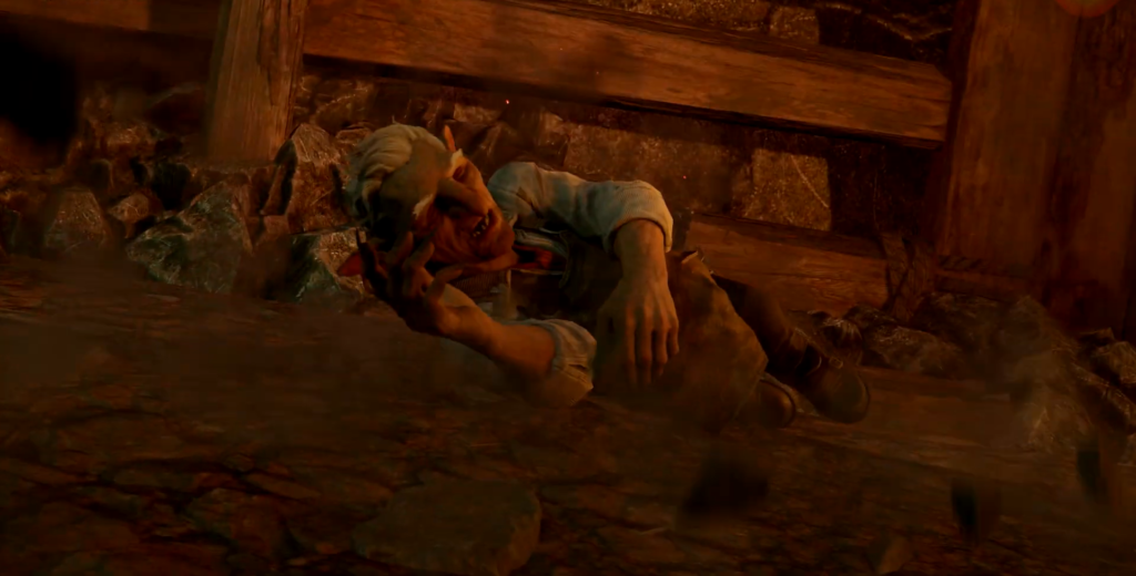 Гоблин лежит на земле в шахте