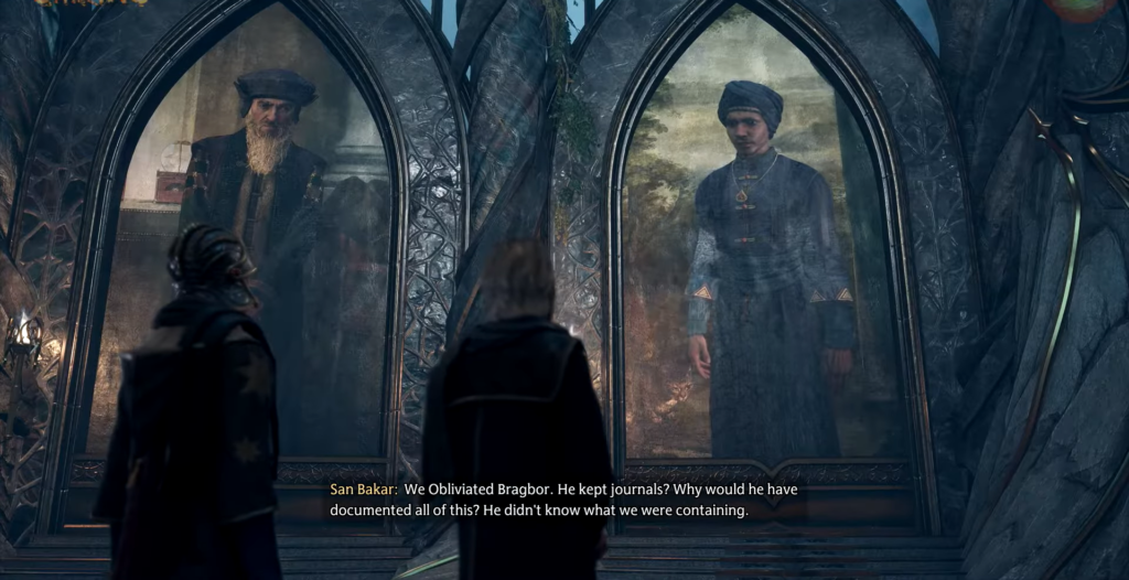 Два волшебника смотрят на портреты в зале Хогвартса