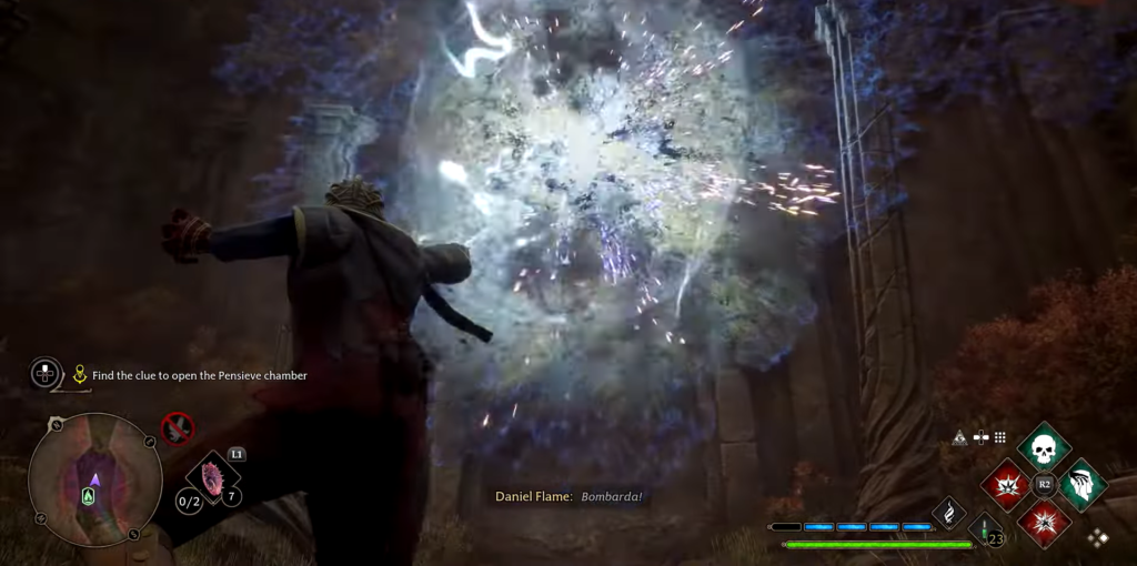 Волшебник взрывает барьер заклинанием в Hogwarts Legacy