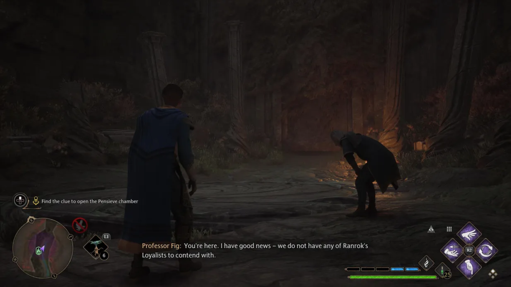 Профессор Фиг и ученик идут по руинам Hogwarts Legacy