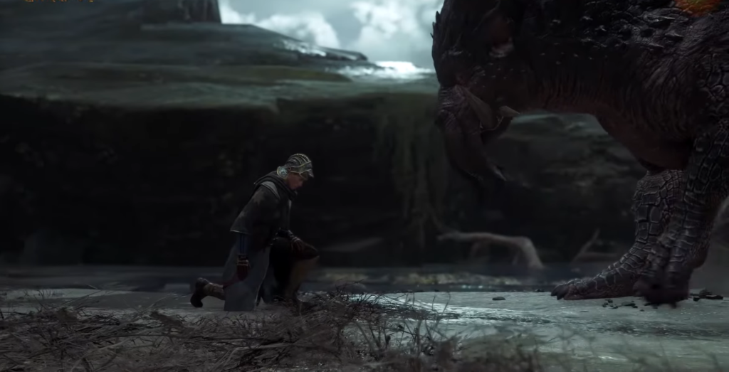 Персонаж на колене перед драконом на берегу