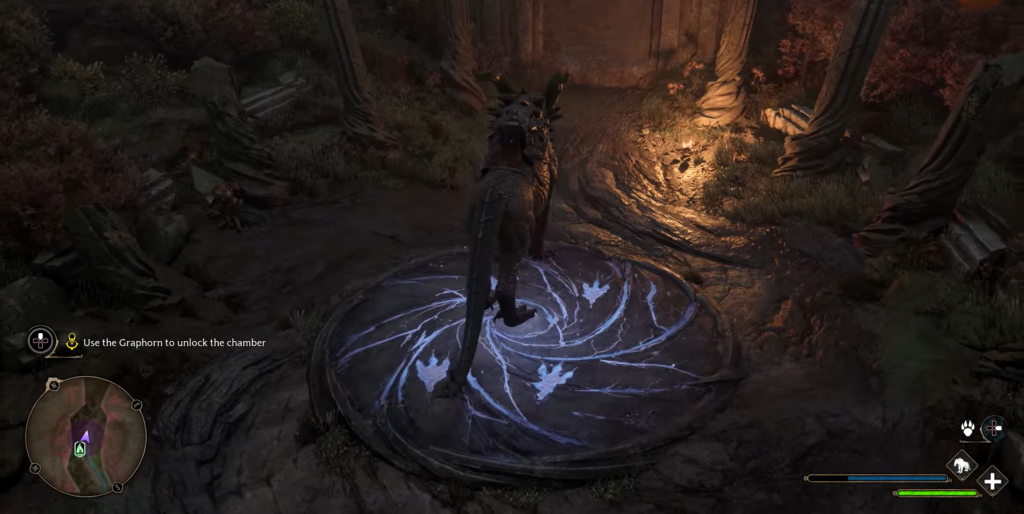 Гиппогриф стоит на рунической платформе в Hogwarts Legacy