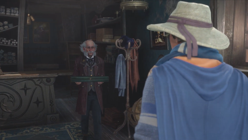 Олливандер держит палочку в лавке Hogwarts Legacy