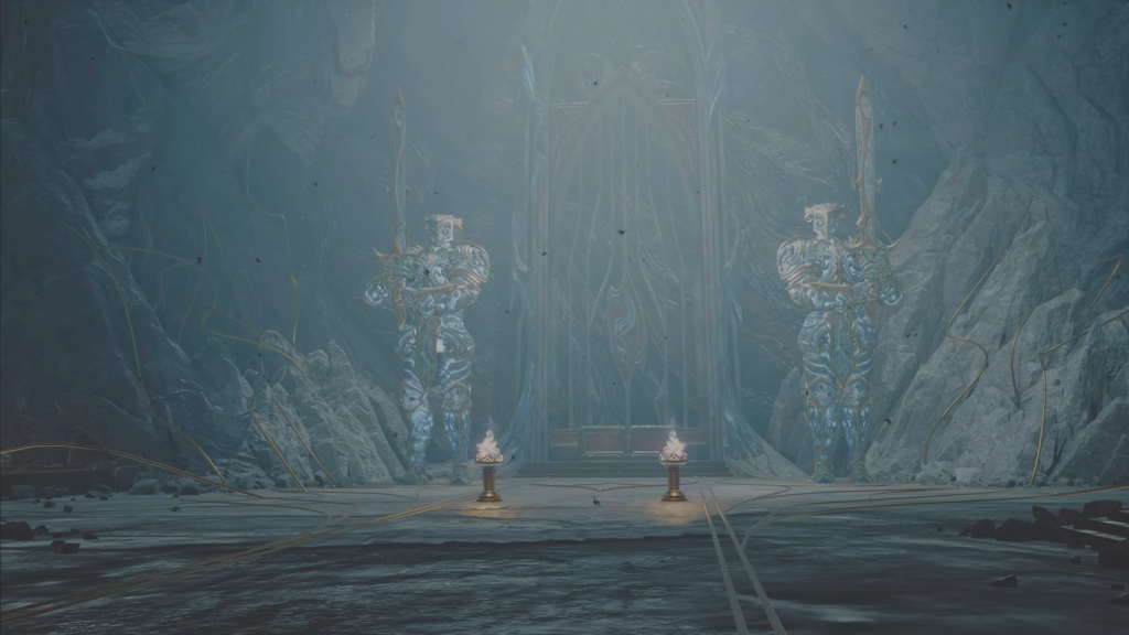 Две статуи рыцарей охраняют ворота в пещере