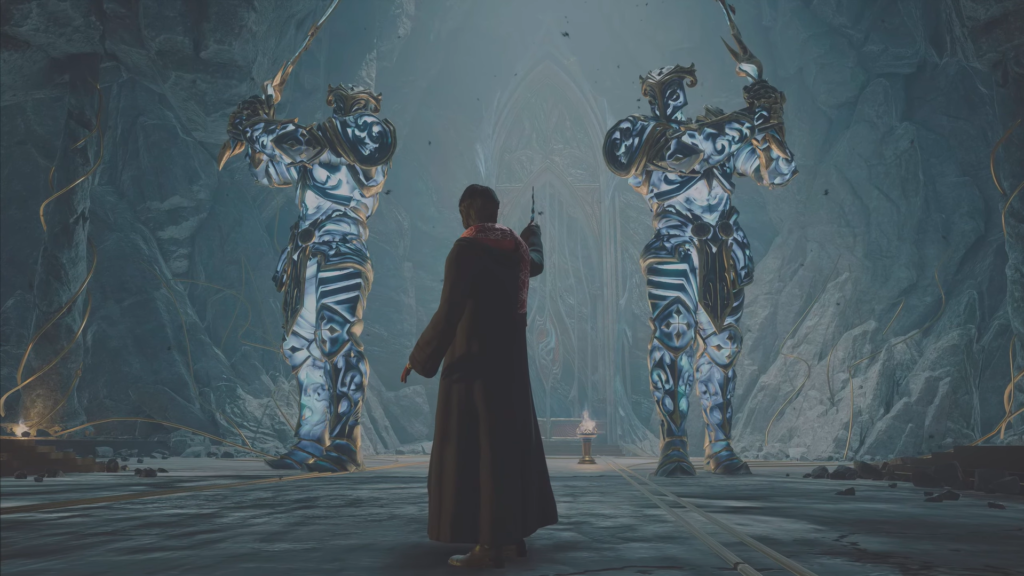 Волшебник направляет палочку на статуи в пещере