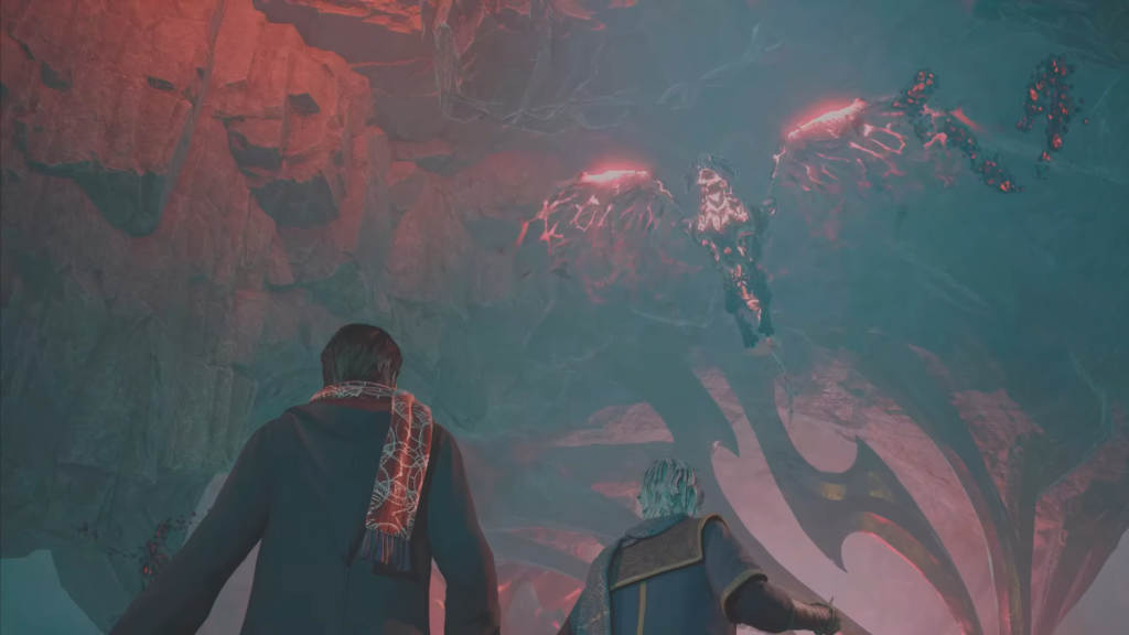 Двое людей смотрят на летающего демона в пещере