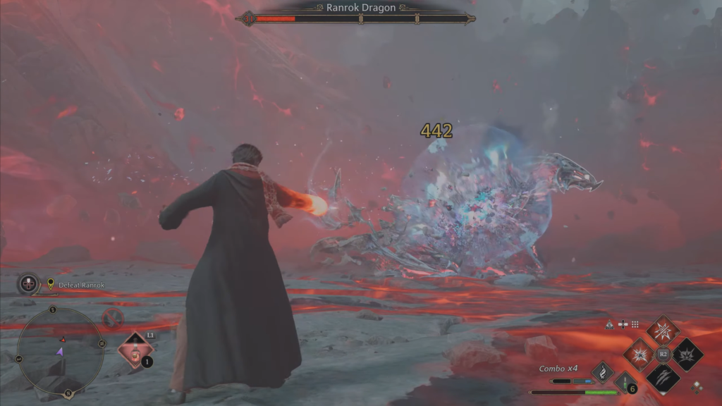 Волшебник атакует Ranrok Dragon в Hogwarts Legacy на арене