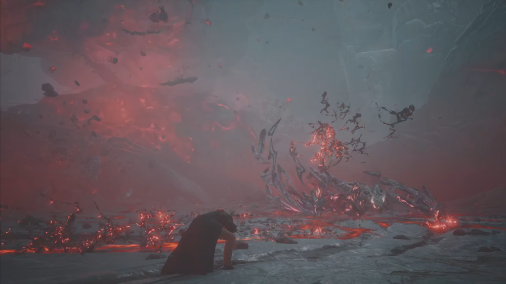 Человек стоит на коленях среди красного взрыва