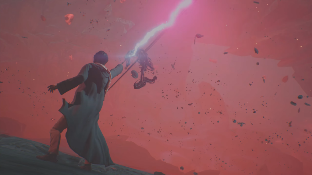 Гарри Поттер направляет заклинание в розовом тумане