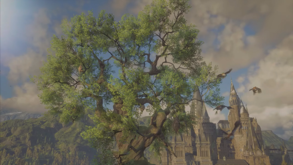 Птицы летят у зелёного дерева рядом с замком