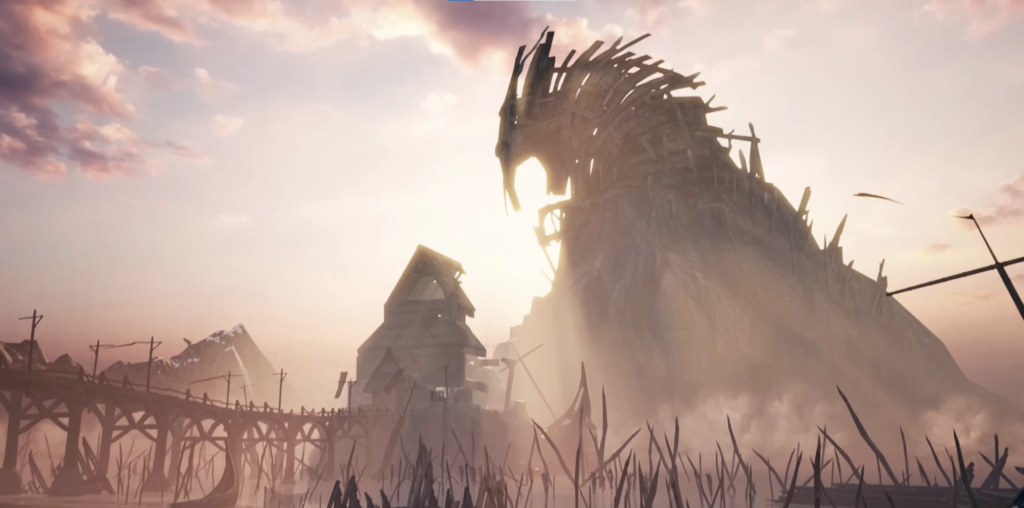 Разрушенная деревянная башня возвышается над болотом на закате