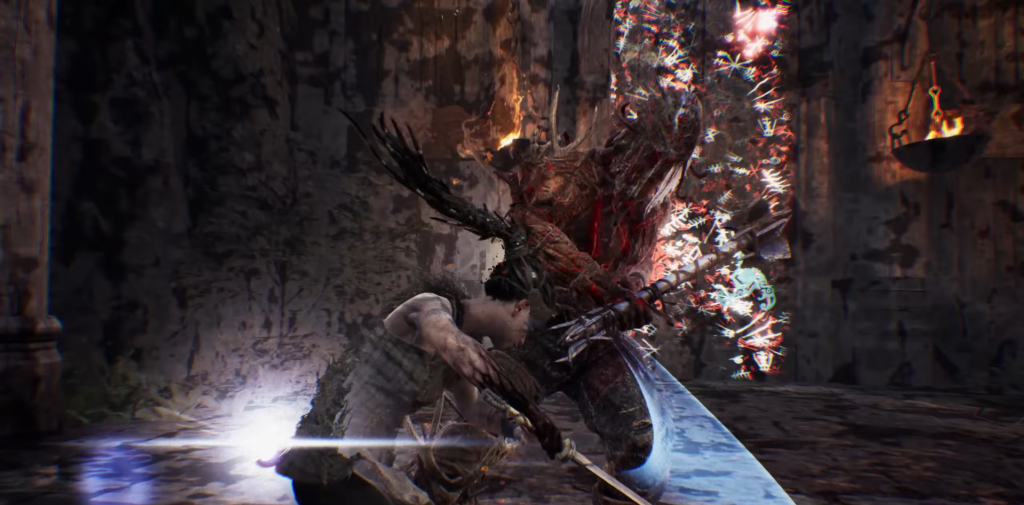 Воин сражается с демоном в каменном храме