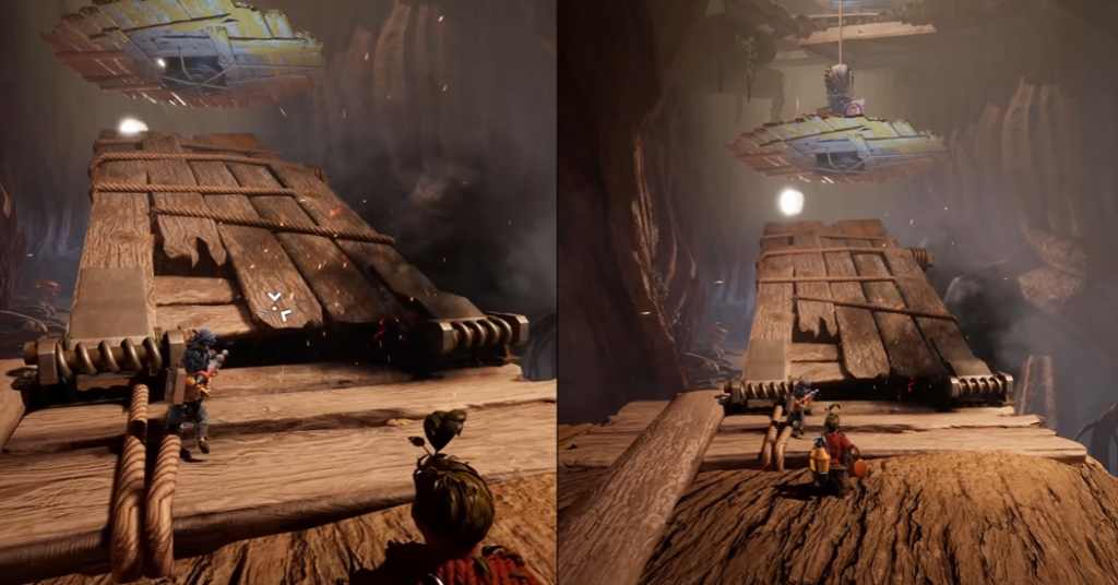 Мэй и Коди бегут по деревянному мосту в пещере