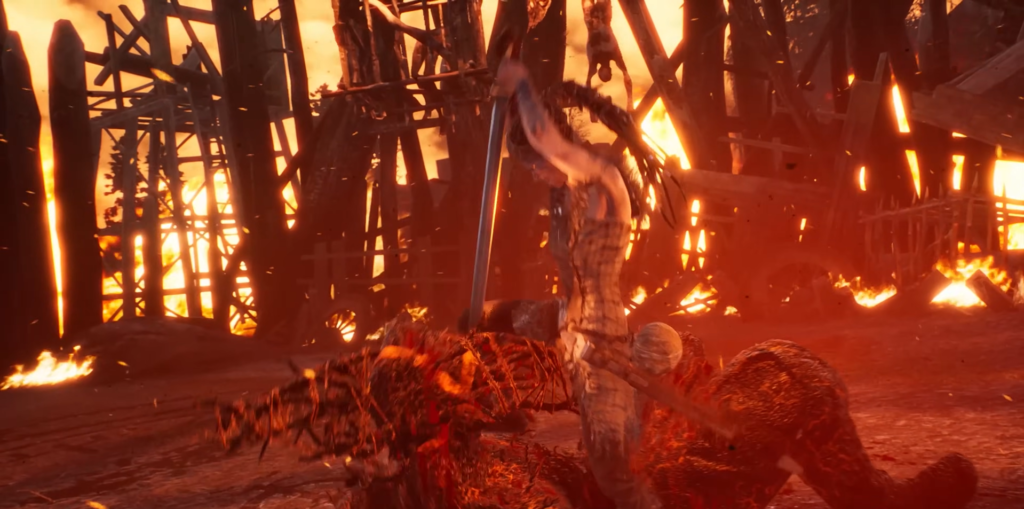 Воин наносит удар мечом среди горящих руин