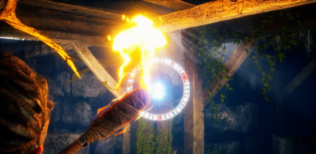 Факел освещает магический портал в деревянной шахте