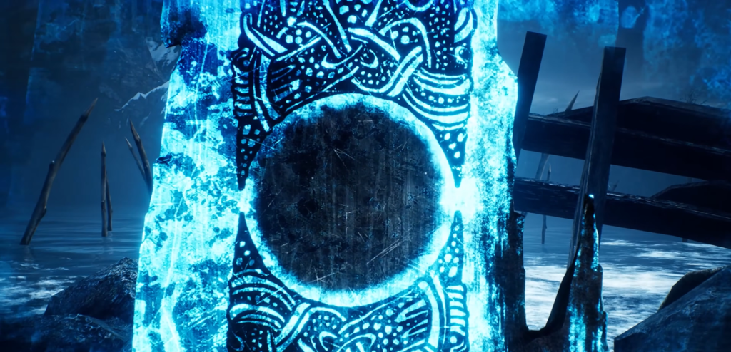 Светящийся синий рунический камень стоит у воды