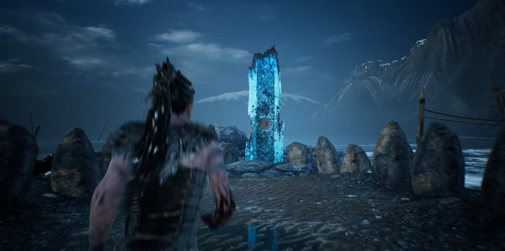 Сенуа из Hellblade бежит к синему монолиту